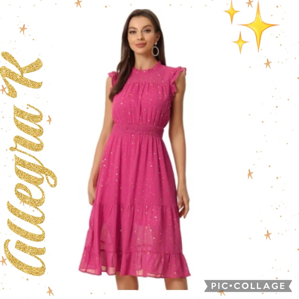 Allegra K Smocked Waist Gilding Metallic Stars Chiffon Dress - Picture 3 of 11